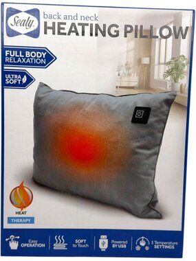 Sealy Back & Neck Heating Pillow Gray USB Powered 3 Heat Settings Travel New Box